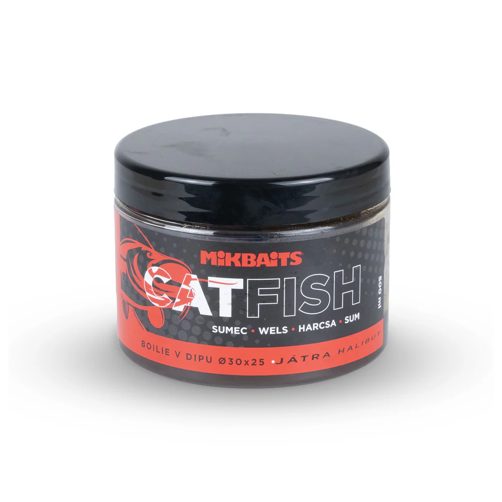 Mikbaits Catfish sumec řada Boilie v dipu 500ml 50x30mm - Játra Halibut